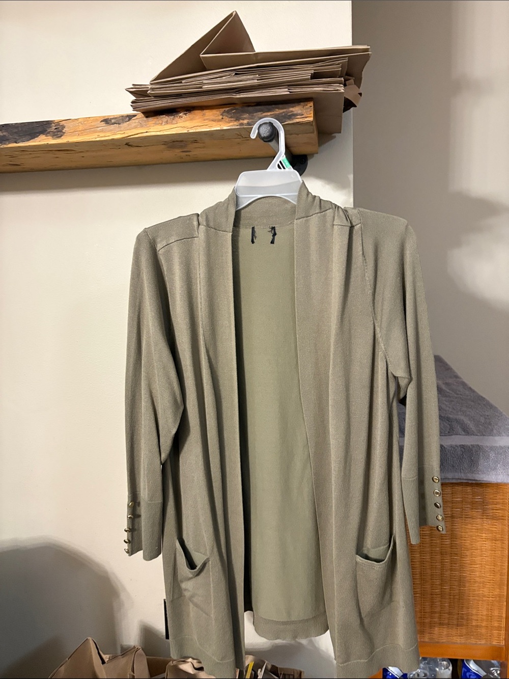 Open-Front Olive Green Longline Cardigan with Pocket Detail